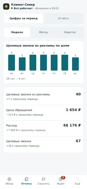 Пульт на телефоне: звонки из рекламы по дням и цифры за период